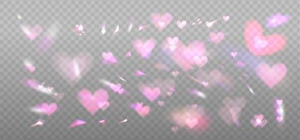 Big set of romantic lens, crystal pink light and flare transparent heart effect elements. Valentine s day Overlay templates. Triangular glass prism concept. eps10 vector