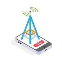 An isometric icon of a smartphone displaying a 5G cellular network tower. vector