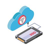 Isometric illustration depicts a cloud storage system connecting to a Solid State Drive vector