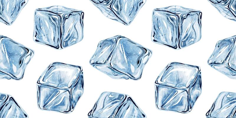 Transparent Ice cubes. Isolated hand drawn watercolor seamless surface pattern design of Freezing crystal Frozen water. Background for menu, packaging of goods, cosmetic