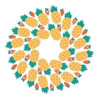 Half and whole strawberry and Pineapple with leaves Circular Frame border Summer Copy space Template. Isolated illustration Thematic cards or web promo banner, leaflets, print materials or tags vector