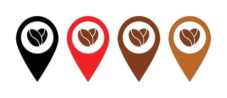 Coffee map pin location sign set of icons in different colors isolated. Coffee beans spot graphic elements collection in black, red, light and dark brown. vector