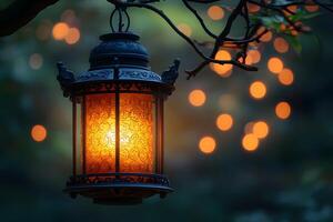 Vintage Lantern in Garden Setting with Glowing Bokeh Lights for Evening Ambiance photo