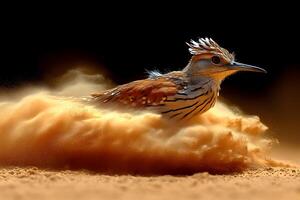 Elegant Bird Surrounded by Dynamic Sand Motion in Desert Setting photo