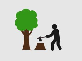 A simple illustration depicts a black silhouette of a person chopping down a green tree with an axe vector