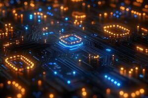 Futuristic Circuit Board with Glowing Microchip for Tech Design photo