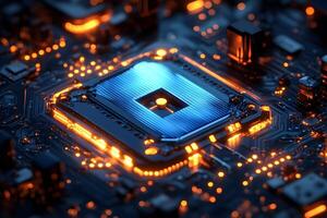 Futuristic Circuit Board with Glowing Microchip for Technology and Innovation Themes photo