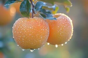 Fresh Dew-Covered Apples on Tree Branch - Nature's Harvest for Autumn Design and Print photo