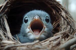 Baby Bird in Nest Close-Up of Open Beak and Feathers for Wildlife Photography and Nature Posters photo