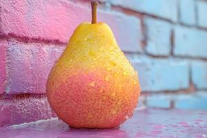 Fresh Pear with Water Droplets Against Colorful Brick Background for Food Art photo