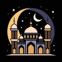 circular design featuring golden Islamic symbols, including a crescent moon, stars, lanterns, and a mosque, set against a black background. vector