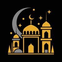 Golden Mosque Under a Crescent Moon, a Night Scene vector