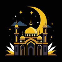 graphic design depicts various Islamic symbols, including a crescent moon, stars, lanterns, and a mosque, all presented in a rich gold color on a dark background. vector