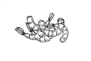 Peeled boiled prawn heap food illustration painted by black inks. Cooked unshelled tiger shrimps pile realistic graphic sketch. Seafood cooking ingredient etching drawing for menu, recipe vector