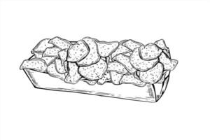 Thin potato chips in in cardboard rectangular box illustration painted by black inks. Monochrome hand drawn crunchy snack in paper package. Crisp meal fast food illustration for menu design. vector