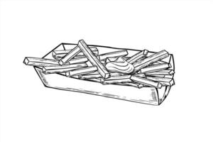 French fries in cardboard rectangular box line art black ink sketch. Monochrome hand drawn bunch of fried potato sticks in craft paper. Takeaway fast food illustration for menu design and package. vector