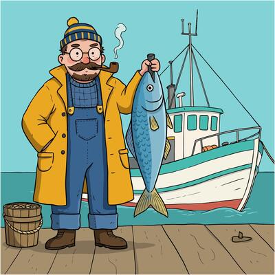 Fisherman Holding Big Fish Near Boat Dock Illustration