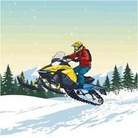 Snowmobiling Adventure Thrills in Snowy Mountains vector
