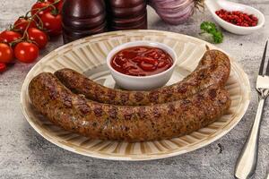 Two sausages on a plate with tomato sauce photo
