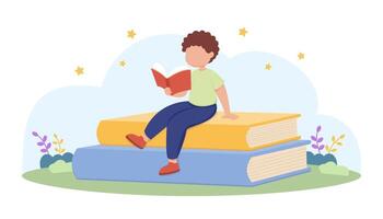 A child sits on oversized books, reading a red book. The background features plants, stars, and a light blue sky, knowledge and learning concept vector