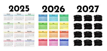Set of three vertical calendars for 2025, 2026 and 2027 isolated on a white background. Sunday to Monday, business . illustration vector
