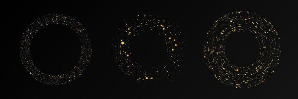 Abstract gold glowing halftone dotted background. Set of three gold glitter patterns in circle. Circle halftone dots. illustration vector