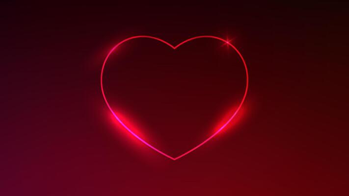 Neon frame in heart form with shining effects on dark red background. Empty glowing techno backdrop. illustration