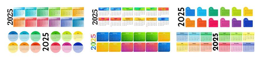 Set of six horizontal calendars for 2025 isolated on a white background. Sunday to Monday, template vector