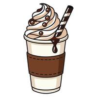 A refreshing and indulgent drawing of an iced coffee served in a paper cup, topped with creamy whipped cream and drizzled with rich chocolate syrup. vector
