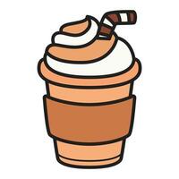 A simple, flat icon of a paper cup filled with coffee and topped with a swirl of cream. vector