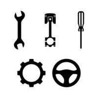 A set of black icons that include a steering wheel, wrench, and other tools vector