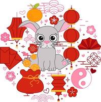 Creative Chinese new year 2035 Rabbit bunny round circle composition with graphic traditional chinese elements and decorations in red vector