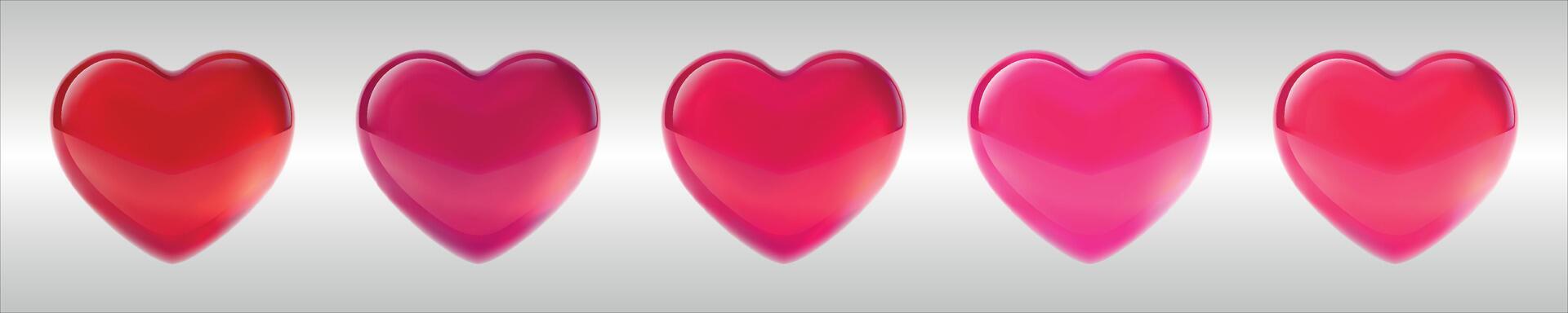 Glossy hearts on minimalist background in red, pink, magenta colors. Mesh gradient icon. Love romantic design. Template for holiday cards, Valentine's day, happy wedding.