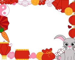 Chinese New Year 2035 bunny rabbit modern art design in red, gold and white colors for cover, card, poster, banner with trendy geometric pattern. Lunar lantern festival, rectangle frame vector