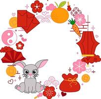 CNY 2035 Rabbit bunny circle round frame template for your text traditional frame design. Graphic line illustration lunar lantern festival vector