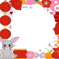 Classic Chinese elements 2035 bunny rabbit lunar lantern festival CNY graphic line style square frame scroll board decoration vector