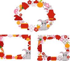 CNY Lantern festival of bunny rabbit 2035 oval frame set with chinese traditional elements and bunny. graphic line template set on transparent background vector