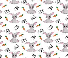 Baby bunny rabbit seamless pattern with carrots and footsteps. repeat background, cute spring easter hare surface design. Sweet hand drawn bunnies. Naive kid illustration vector