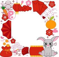 CNY 2035 rabbit bunny lunar lantern festival circle round frame in square. graphic line illustration template vector