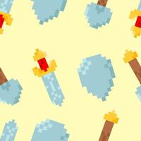 Seamless pattern with 8-bit game icons sword, shield, and shovel on a yellow background. vector