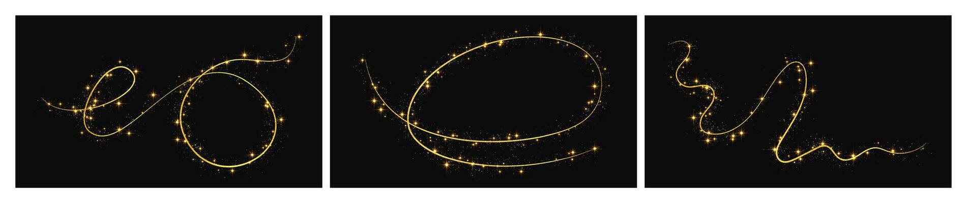 Gold glittering confetti wave and stardust. Set of three backdrops with golden magical sparkles on background. illustration