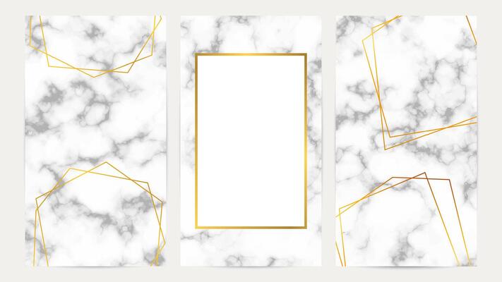 Set of golden geometric frames on marble texture. Luxury templates for wedding card, banner, flyer, poster, greeting. illustration