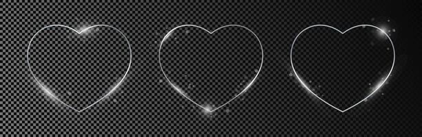 Set of three silver glowing heart shapeson dark background. Shiny frame with glowing effects. illustration vector