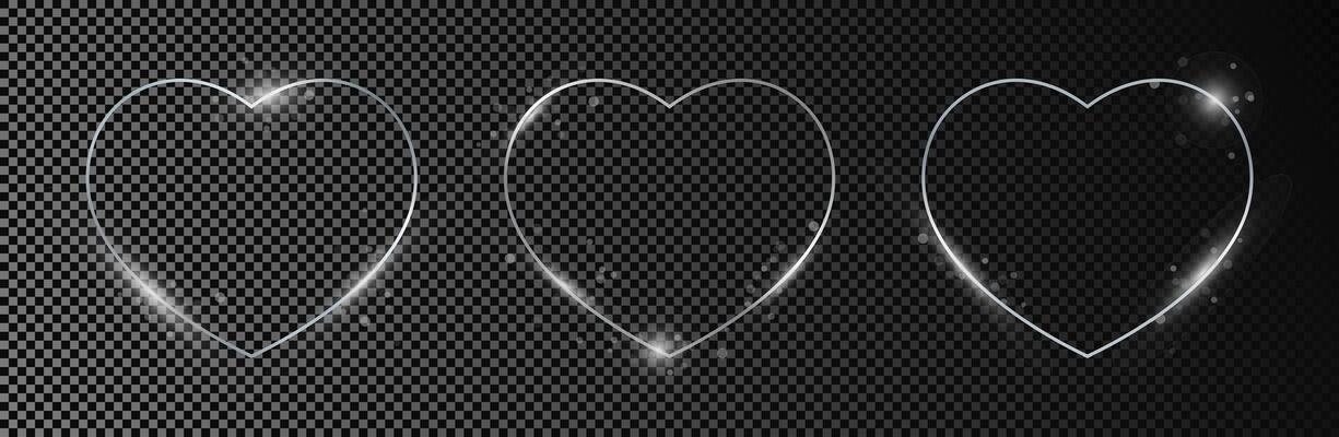 Set of three silver glowing heart shapeson dark background. Shiny frame with glowing effects. illustration