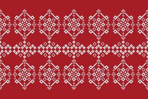 Cross stitch fabric pattern pixel red color background ethnic pattern motif cross stitch fabric pattern decoration. vector