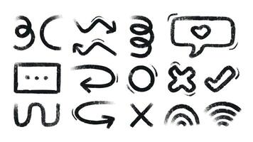 Charcoal scribbles set, abstract symbols and freehand signs, arrows and frames. Graphic design elements. illustration. vector