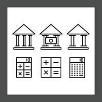 Three simplified bank building icons with columns and roofs, accompanied by two calculator-style grids featuring mathematical symbols vector
