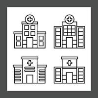 Four hospital building icons in a grid layout, each with a distinct design vector