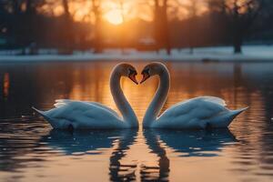 Romantic Swan Pair at Sunset in Tranquil Lake Symbol of Love and Serenity photo