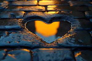 Romantic Reflection of Sunset in Heart-Shaped Puddle on Cobblestone Path photo